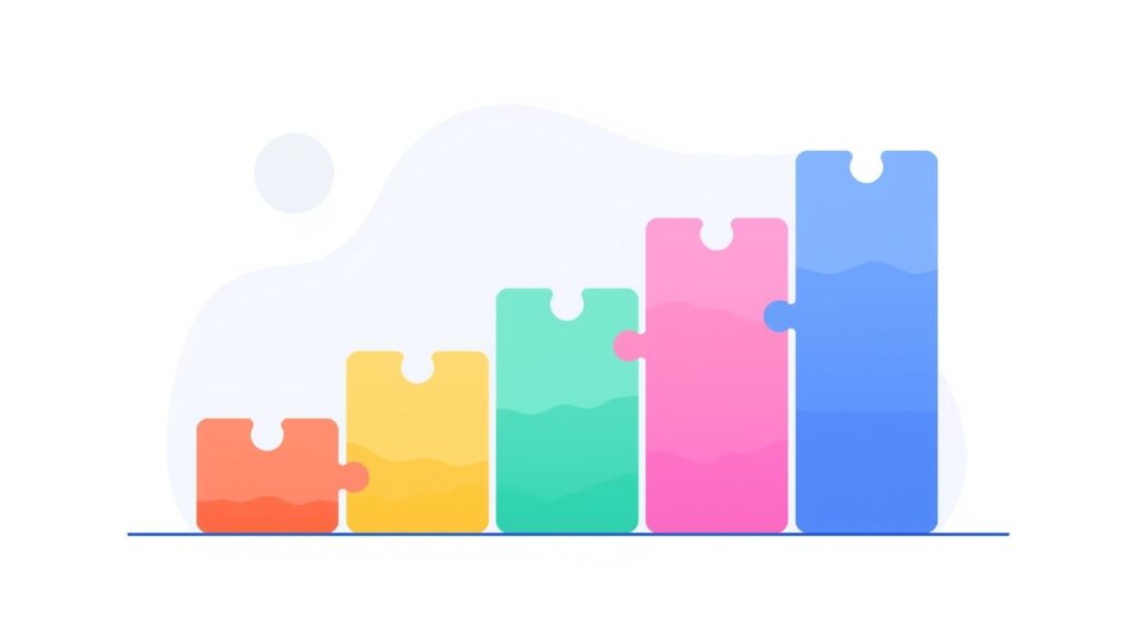 Illustration av fem färgade pusselbitar i stigande höjd som symboliserar fem steg mot en inkluderande skola och pedagogisk utveckling.