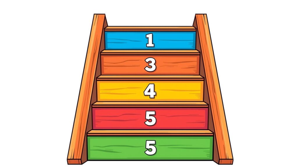 Illustration av en färgglad femstegstrappa med numrerade steg som symboliserar utveckling och progression i skolans arbete med inkludering