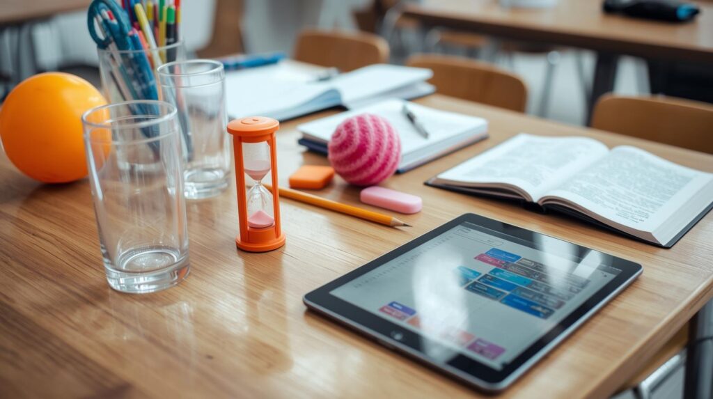 Specialpedagogiska strategier och hjälpmedel som timstock, stressboll, iPad och strukturerande material på ett klassrumsbord.
