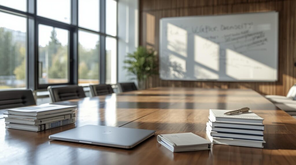 Modernt konferensrum med laptop, böcker och whiteboard – en miljö för strategiskt skolledarskap och pedagogisk utveckling.