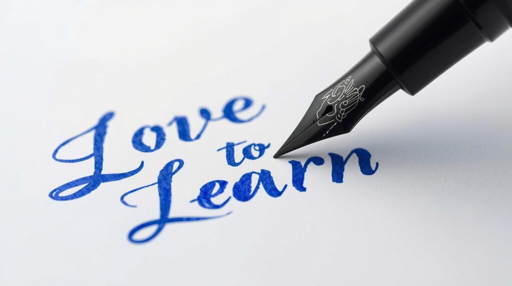 Fyllpenna som skriver texten ”Love to Learn” i blå handstil.