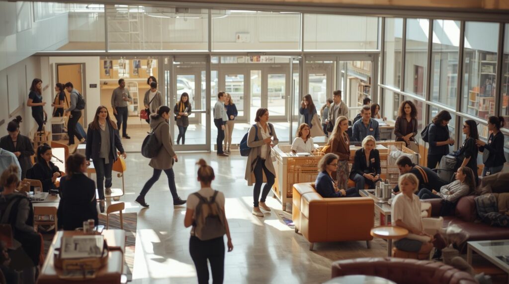 Personal och elever som rör sig och samtalar i skolans gemensamma ytor.