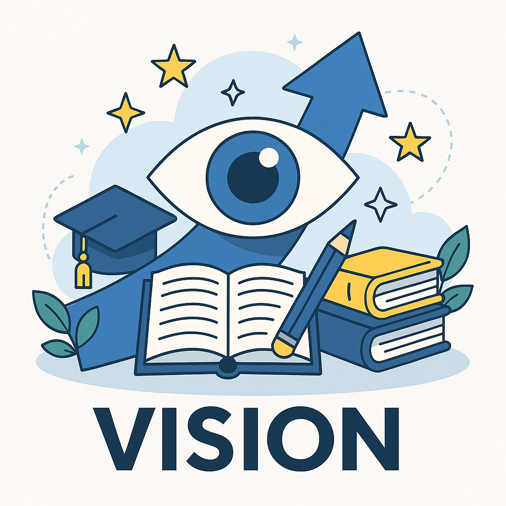 Illustration som symboliserar visionärt ledarskap i skolan med öga, uppåtpil, böcker och examenshatt.